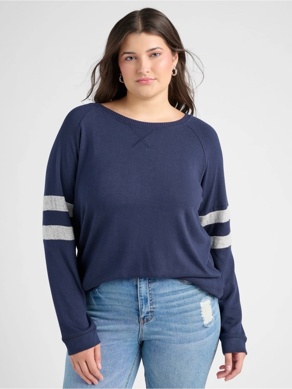 78 & Sunny Navy Sweatshirt with Heathered Gray Sleeve Stripes.